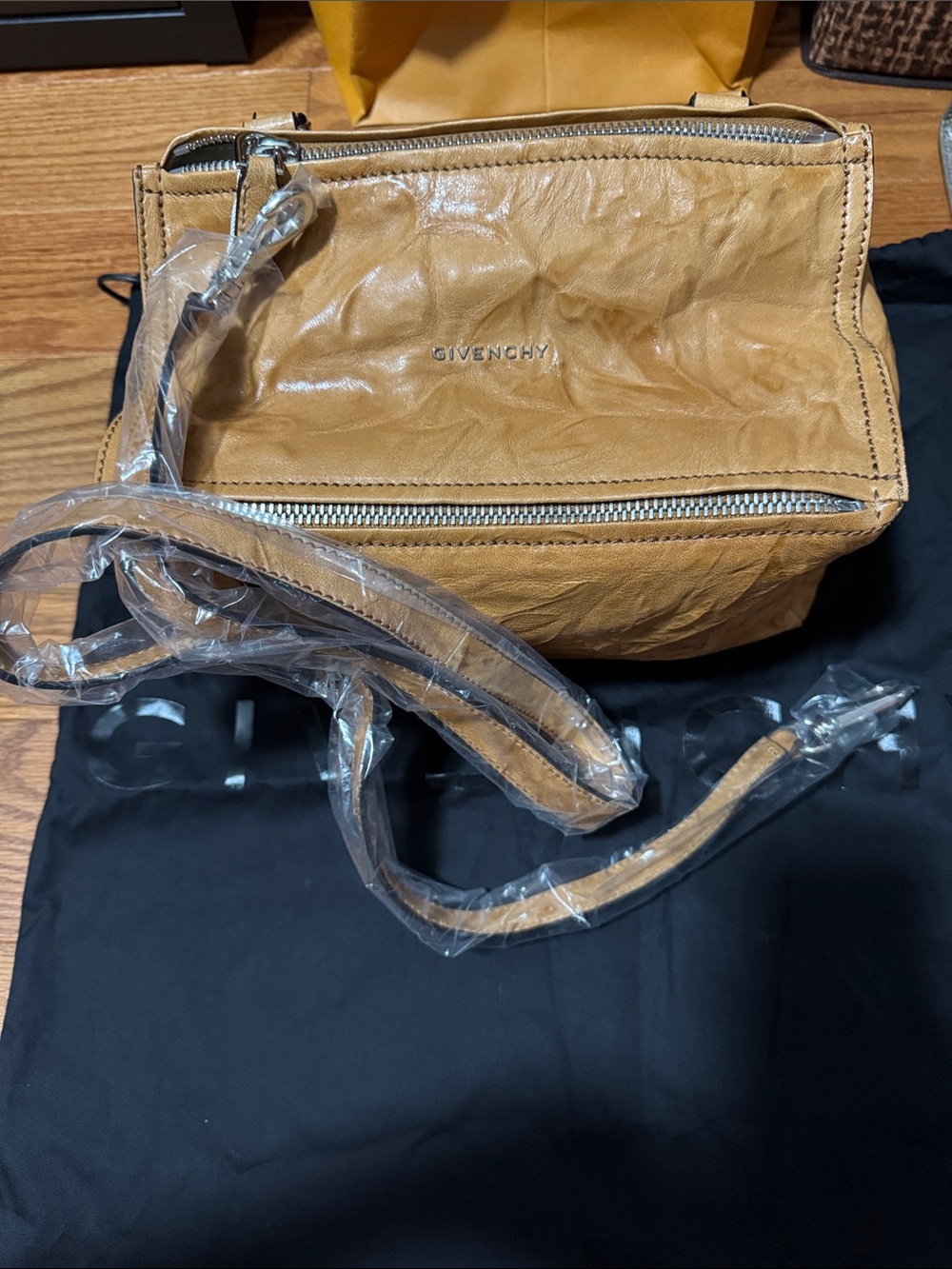 Givenchy Pandora Mustard wrinkly Leather Crossbody Bag with Silver Zip